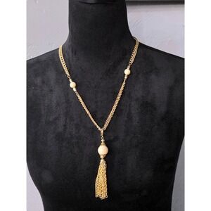 Park Lane Vintage Gold Tone Double Strand Tassel Necklace Cream Faux Pearl Bead
